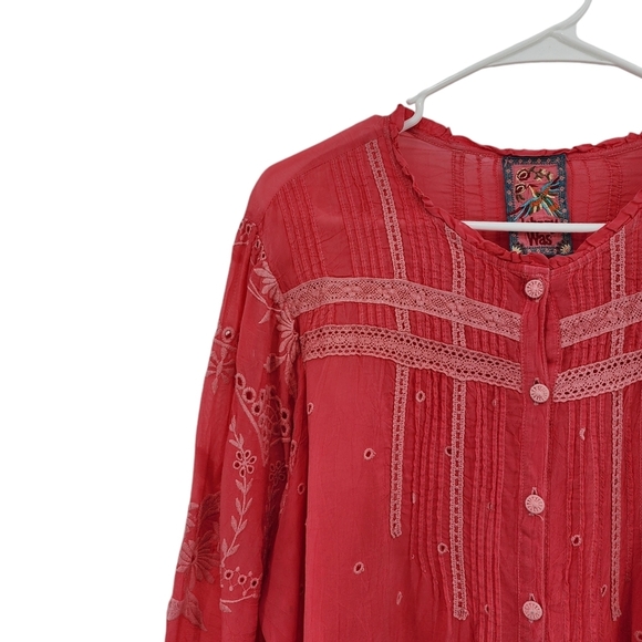 Johnny Was Women's Helia Pink Eyelet Embroidered Pintucks Button Down Blouse - Picture 3 of 9